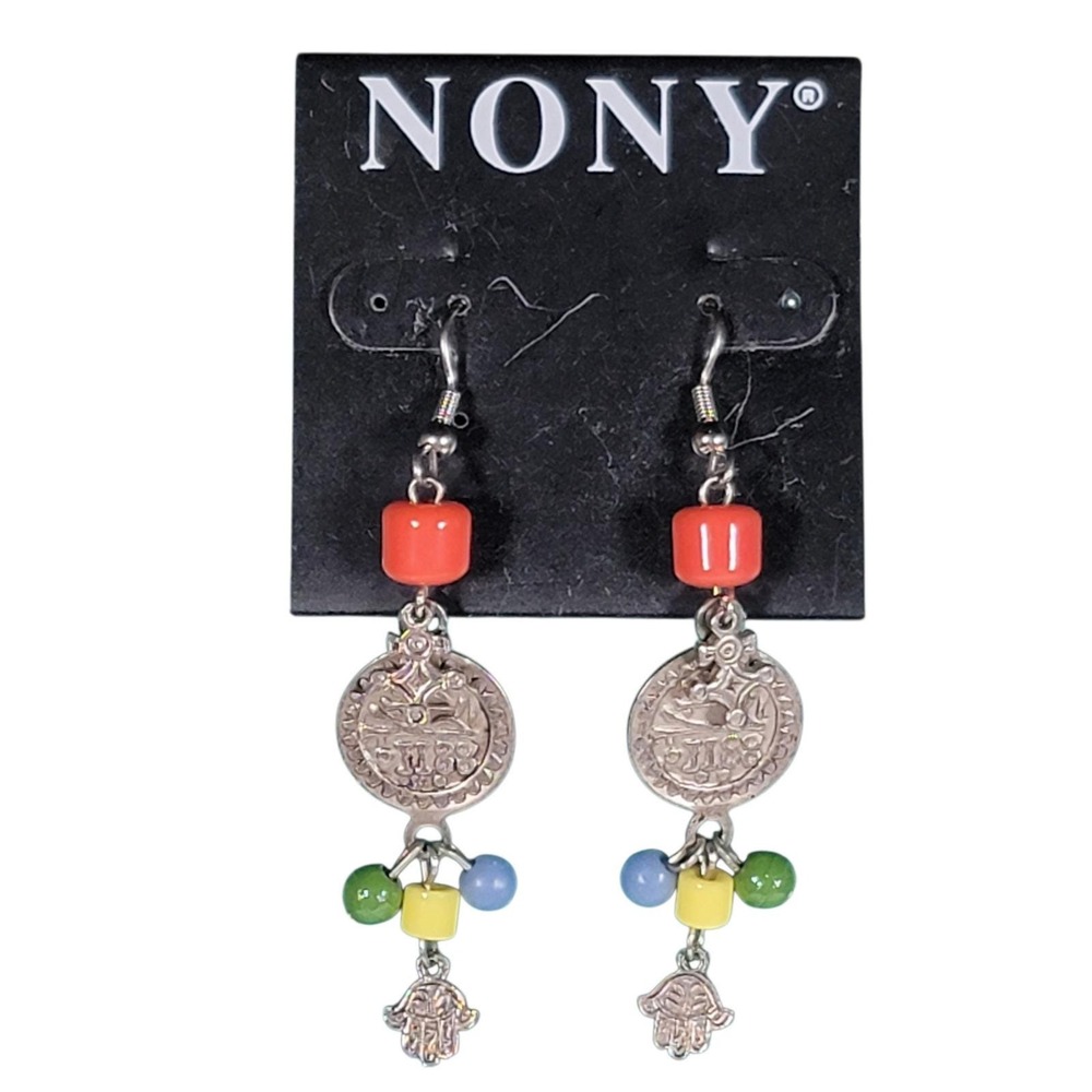 NONY Hamsa Coin Dangle Earrings Silver Tone Beaded Boho Ethnic Spiritual Retro